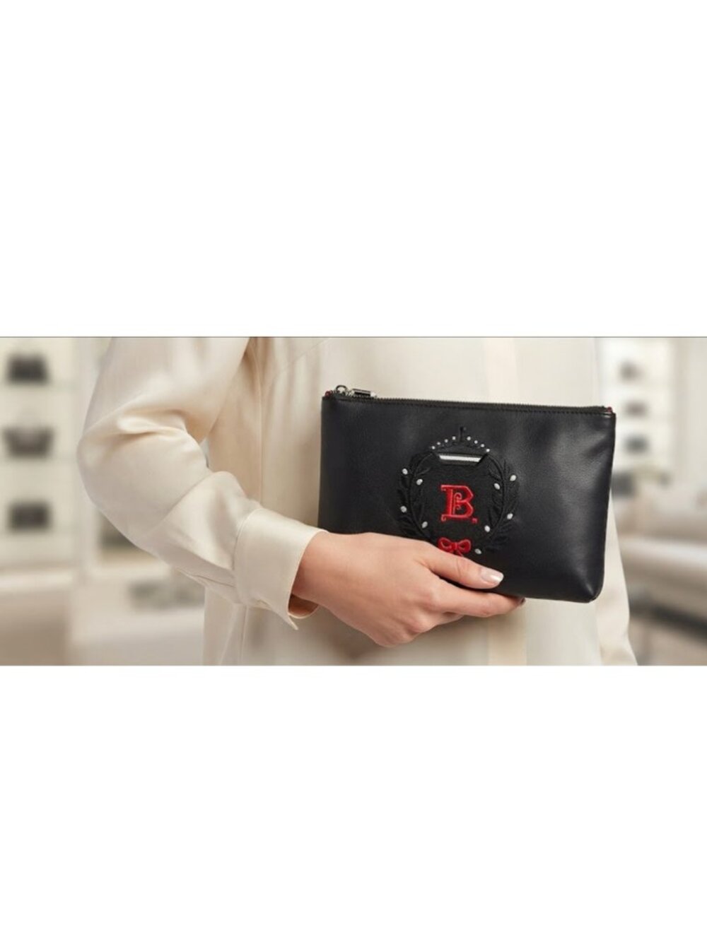 Agnes b. Voyage Black Genuine Leather Mini Clutch Purse Red Silver Embroidery